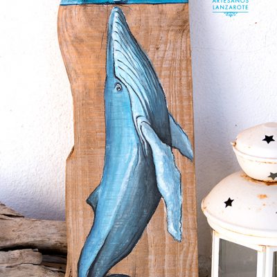Painting on driftwood of blue whale and sailboat - Jardin del Mar