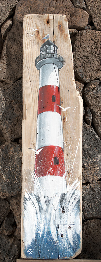 Painting of lighthouse - acrylic on driftwood board