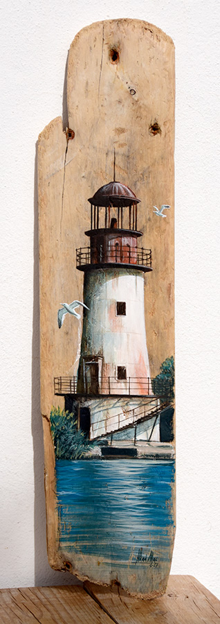Painting of rusty lighthouse - acrylic on driftwood board