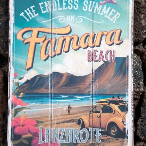 Lanzarote vintage travel wooden signs: drawing, painting The endless summer on Famara beach - Jardin del Mar