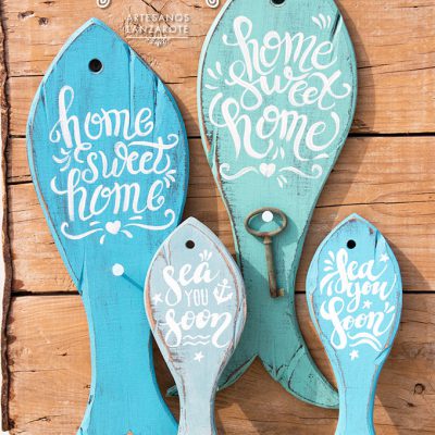 Handcrafted silhouette fish decor with handmade painting: "home sweet home" (keyholder) and "sea you soon" (decoration)