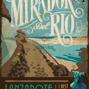 Wooden vintage sign: drawing, painting of Mirador del Rio - Lanzarote - Jardin del Mar